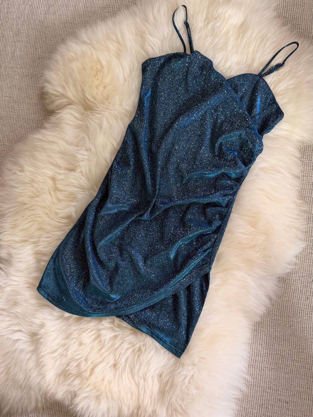 Cider Teal Sparkle Ruched Slip Dress